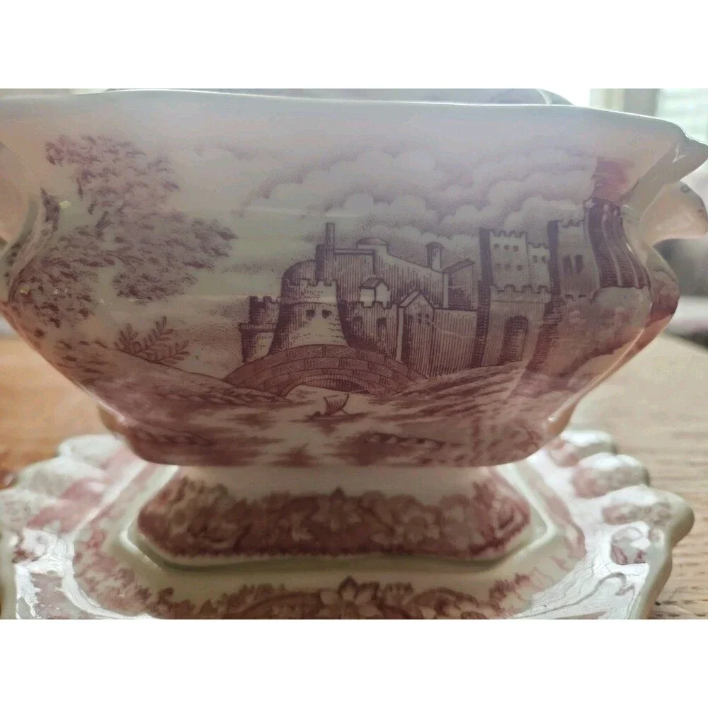 Vintage Red Transferware Sauce Tureen with Lid & Underplate Castle Boat Pattern